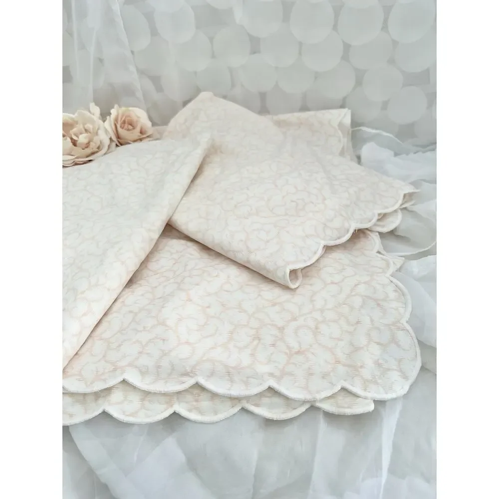 Yves Delorme QUEEN FLAT SHEET & 2 Shams Peach White Modern SCALLOPED EMBROIDERED
